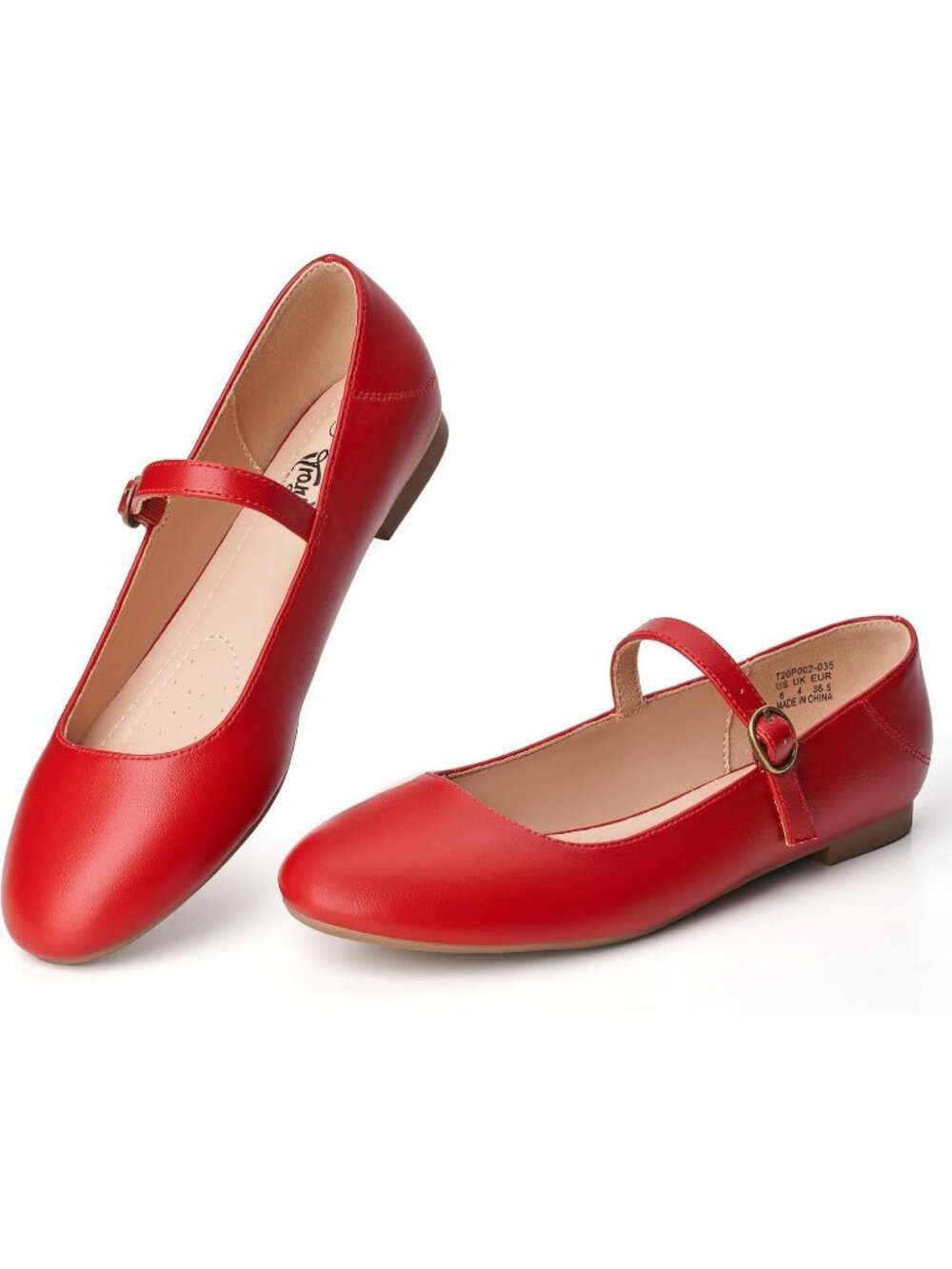 Women's Red Ballet Flats Round Toe Comfortable Straps Memory Foam Dressy Shoes